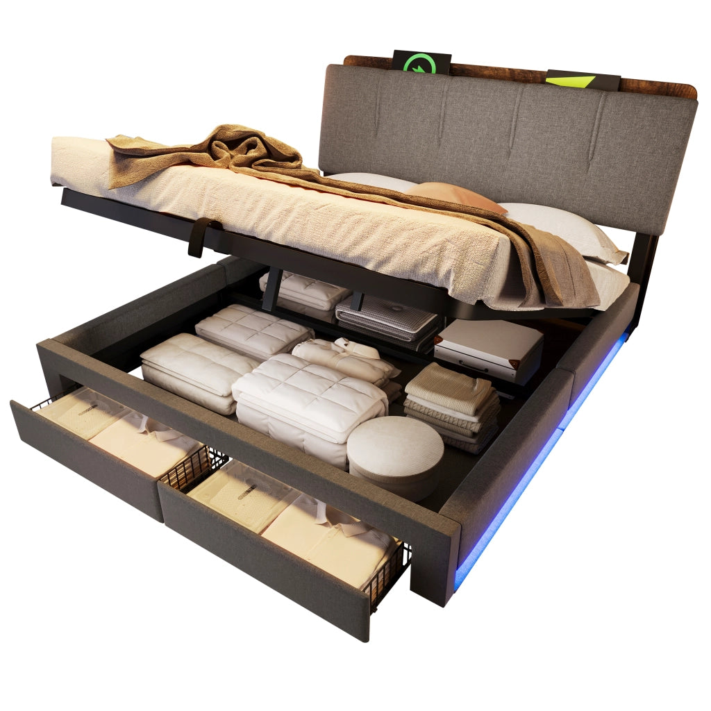 Letto contenitore 140×200 cm; letto matrimoniale con vano idraulico; USB Type-C e LED; senza materasso; lino grigio