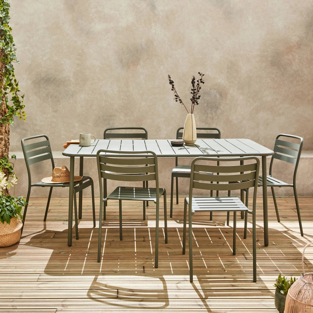 Set tavolo da giardino in acciaio con 6 sedie, 160cm, verde kaki