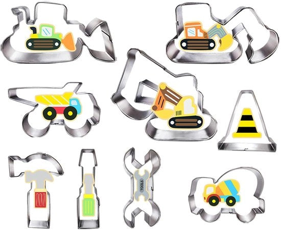 Set di forme per biscotti, 9 pezzi, attrezzi da costruzione, bulldozer, cassa per attrezzi, chiave a molla, attrezzo per costruzioni, forme per biscotti per bambini, macchina da costruzioni, partito di costruzioni tematiche