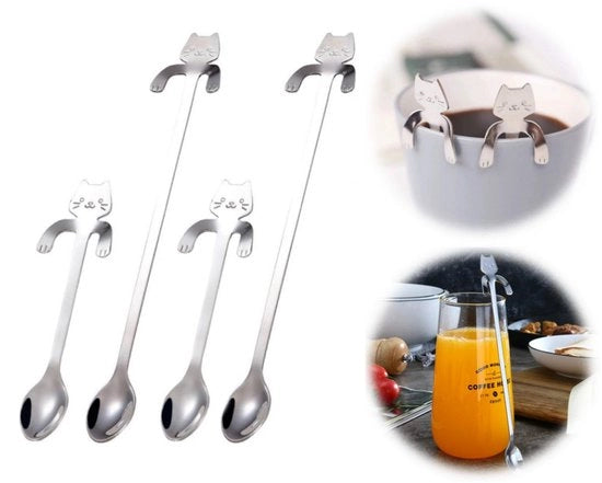 Set di 4 Cucchiai appesi per il caffè - cucchiai - cucchiai per gatti - RVS - per caffè, tè, dessert, bevande e milkshake (argento)