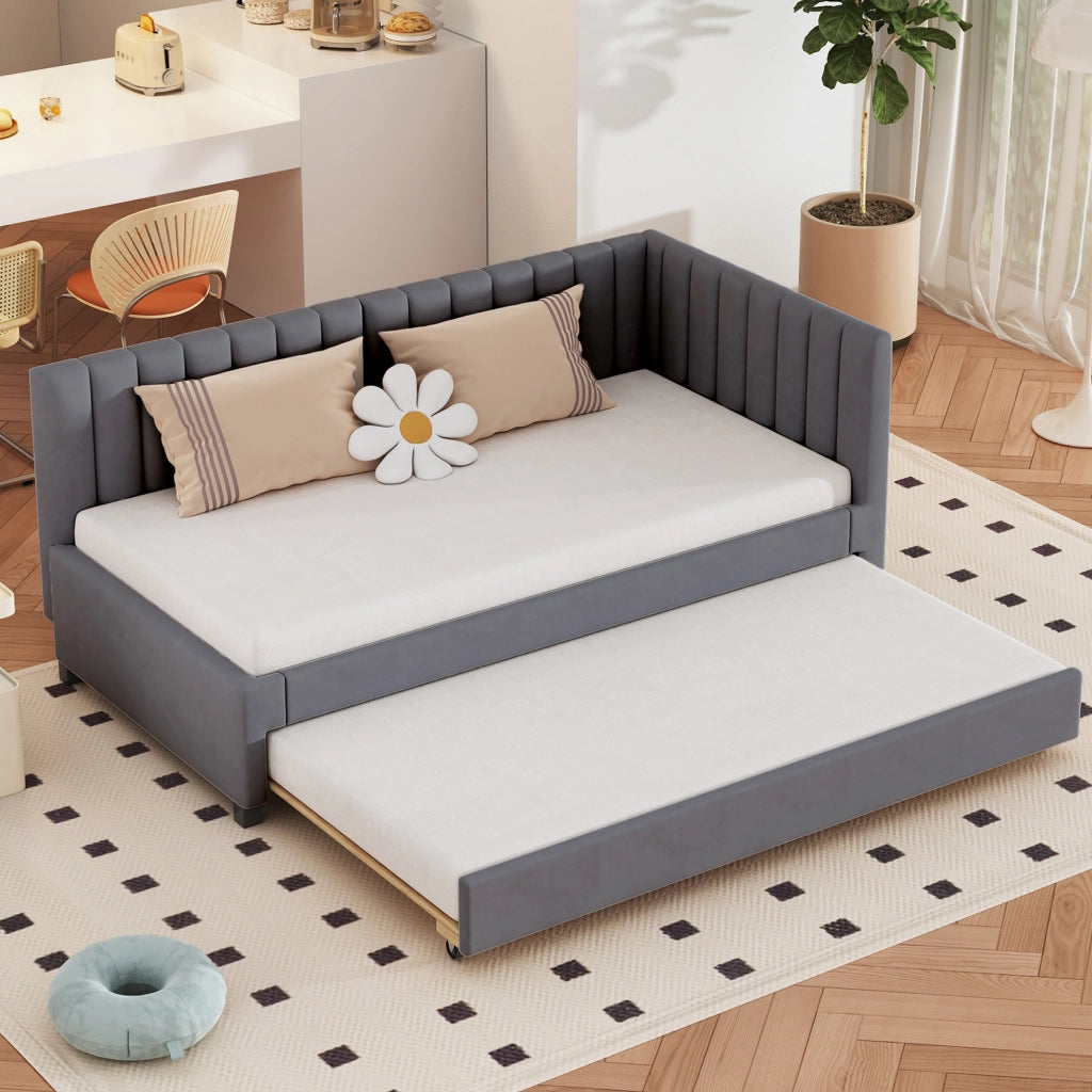 Letto estraibile singolo 90×200 cm con rete e struttura imbottita in velluto; senza materasso; grigio