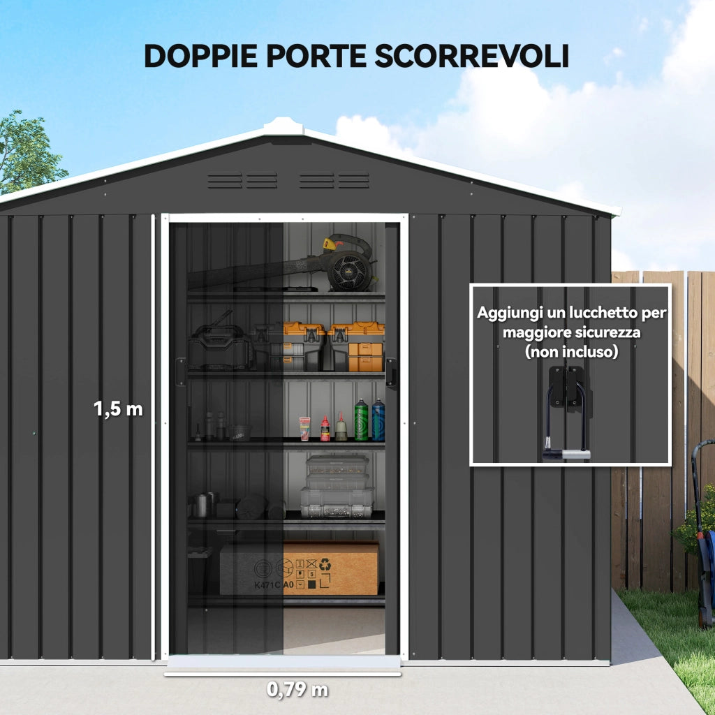 Casetta da Giardino 2.3x1.7 m in Acciaio con Prese d'Aria e Doppia Porta Scorrevole, Grigio Scuro