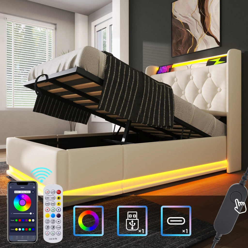 Letto singolo imbottito con LED a 360°; contenitore idraulico; testiera con porta USB/Tipo-C; PU bianco; 90x200 cm; materasso incluso