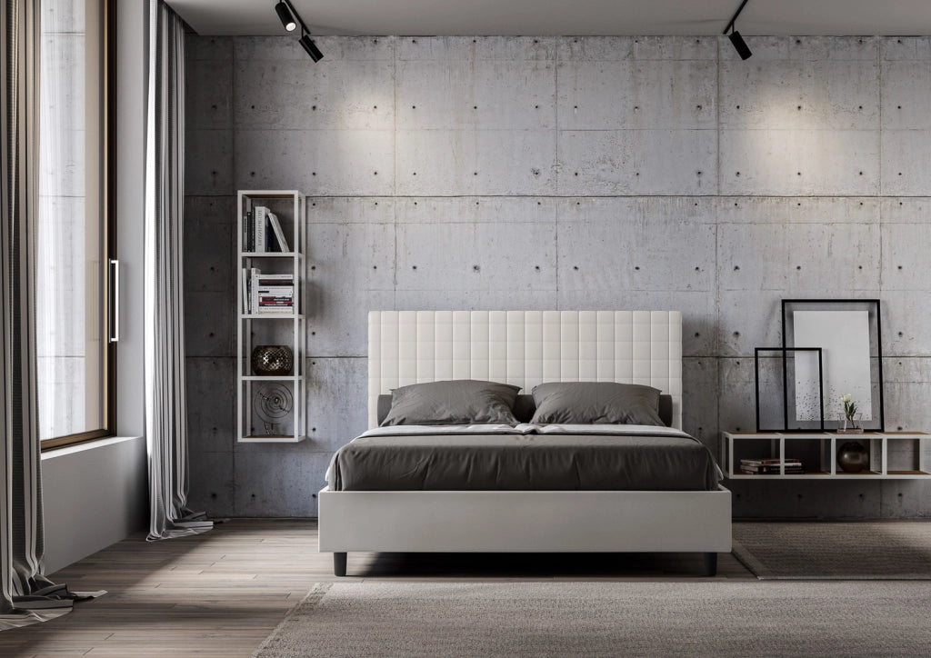 BS COM Letto queen size con rete imbottito 150x190 similpelle bianco