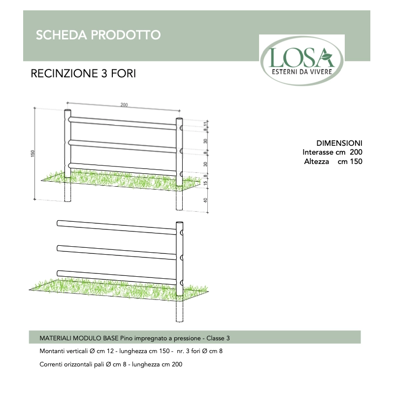 Recinzione in legno impregnato 20 pezzi con 3 fori altezza 200 cm per giardino - Esterni da Vivere
