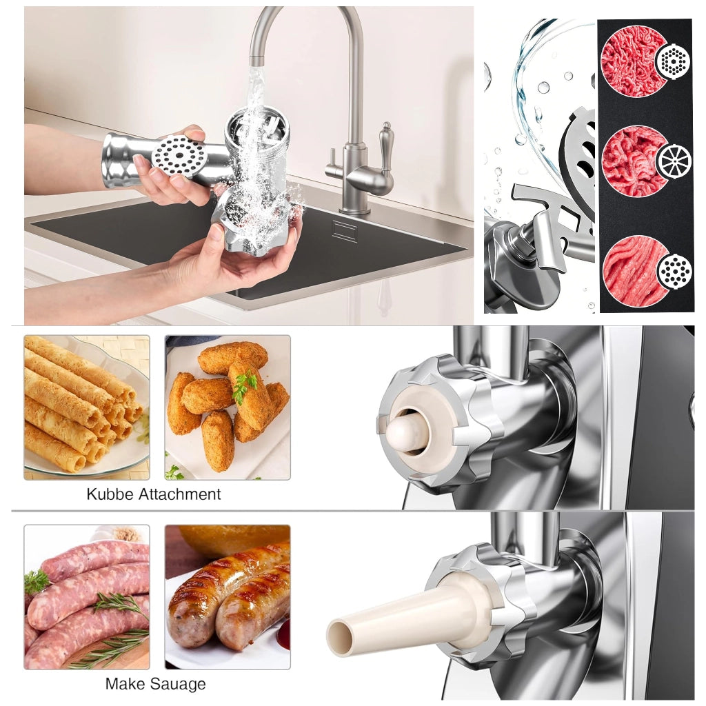 Tritacarne Passapomodoro Elettrico 2800W Max 3 in 1 con Spremipomodoro e Tritaverdure, 3 Dischi in Acciaio Inox + Accessorio Kubbe, Multifunzionale per Carne e Verdure
