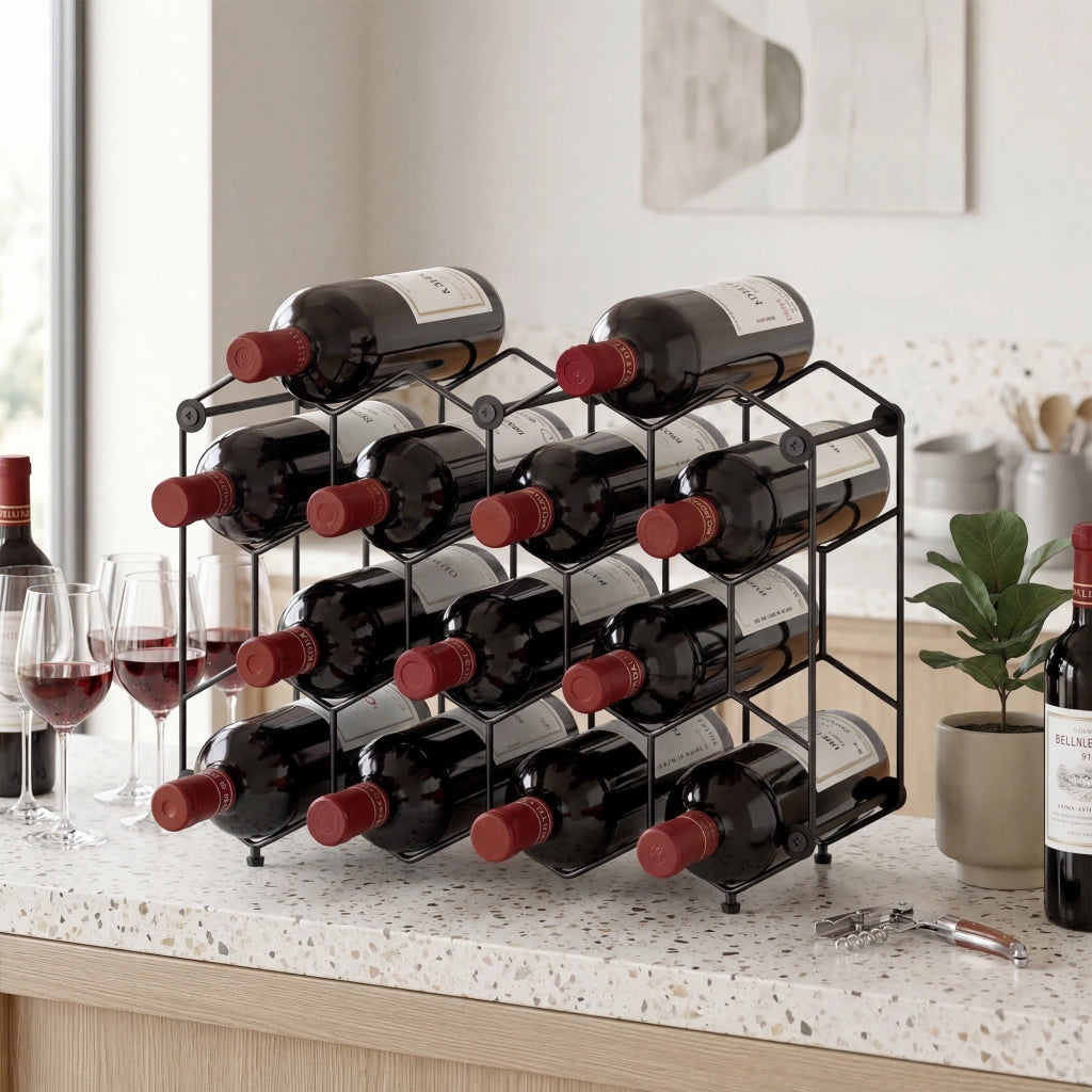 Libreria per Vini 13 Bottiglie Design a Nido d'Ape ¨C Zephmum ¨C Nero Metallo 43x16x31 cm