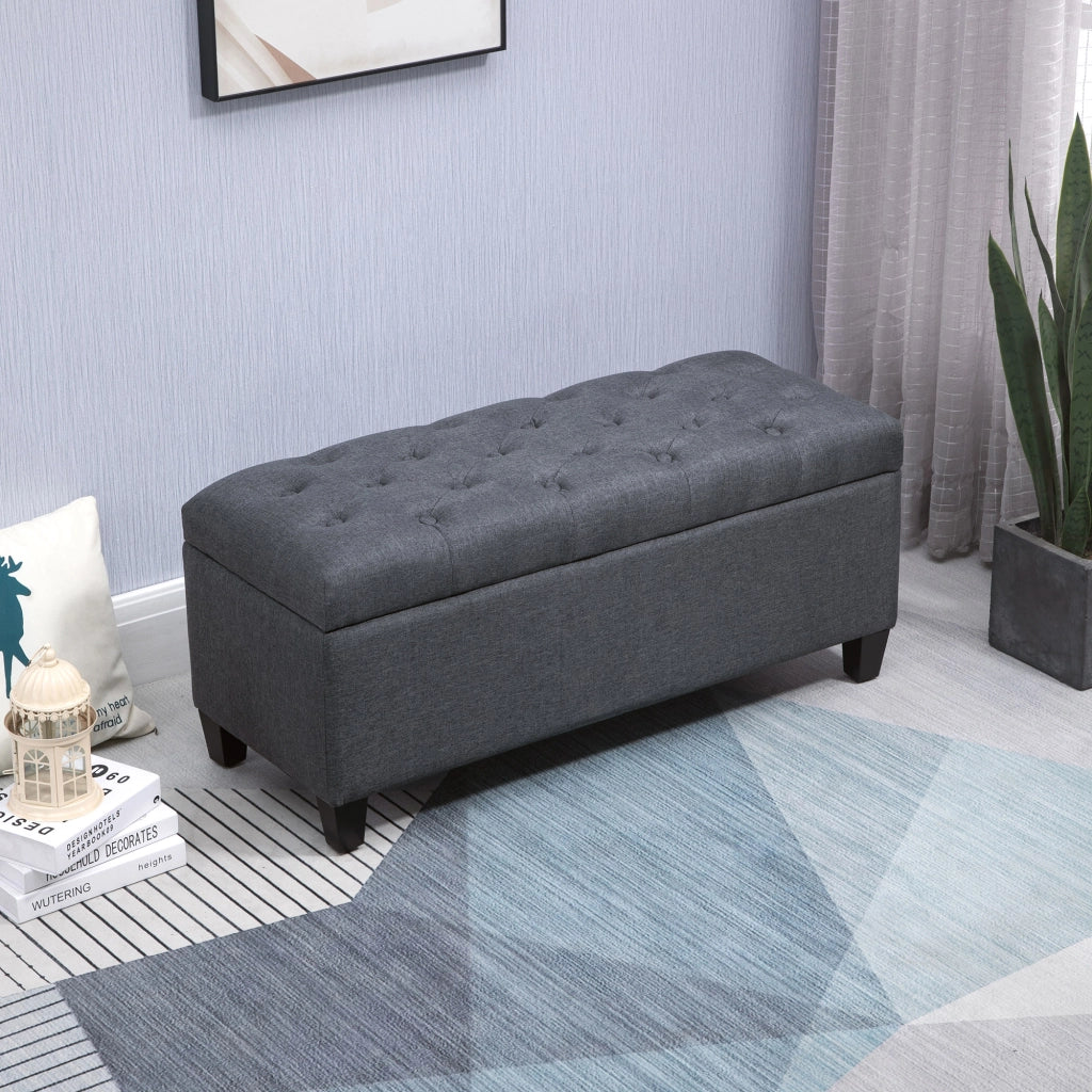 Panca con contenitore ¨C Xylo ¨C tessuto effetto lino grigio scuro gambe in legno 100x40x44 cm