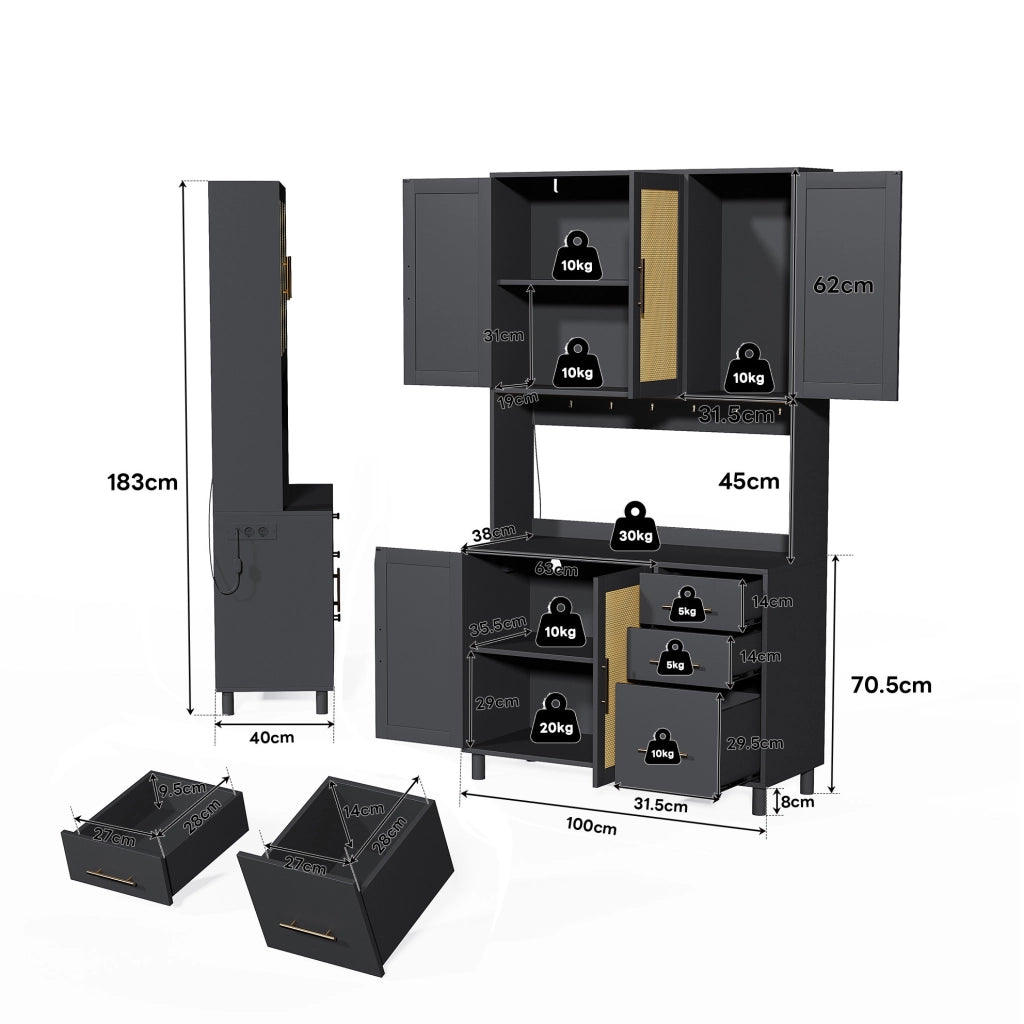 Buffet da cucina 183 cm con LED multicolore; prese USB e 2 prese; nero in MDF