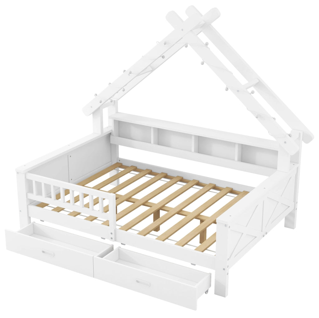 Letto a casetta con LED; 140x200 cm; con ripiani e 2 cassetti; in MDF e pino; bianco