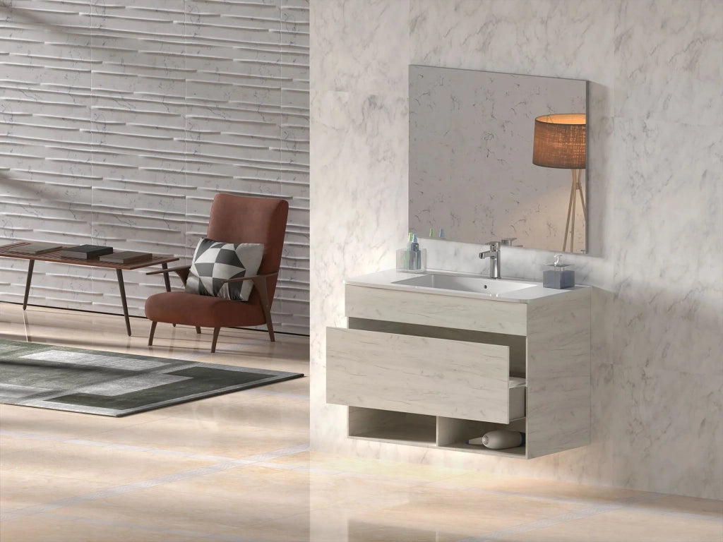 Mobile Bagno NEBARI com gambe Già Montato 1 cassetto, lavabo e specchio Estepa 100x40 cm