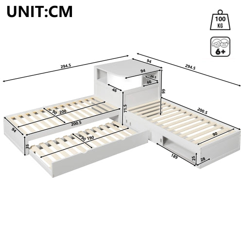 Letto singolo con letto estraibile 90x200 cm LEMONMAX, contenitore con ante scorrevoli e LED, salvaspazio per cameretta, pino e MDF, bianco