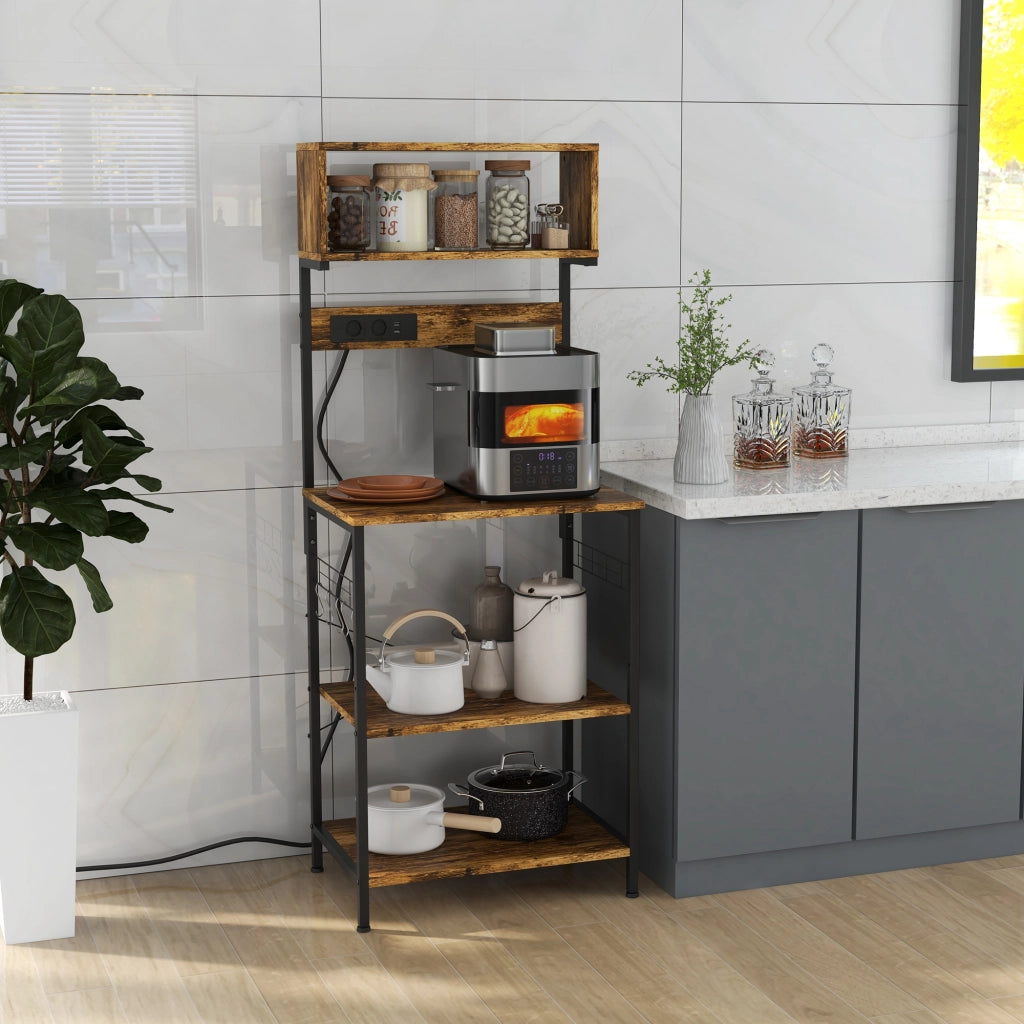 Mensola per microonde con 2 prese USB e 5 ganci ¨C zephmum ¨C 60x42x153 cm marrone