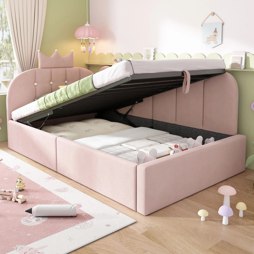 Letto imbottito a giorno - Zephmum-90x200 cm-Rosa-Design griglia corona con stoccaggio idraulico