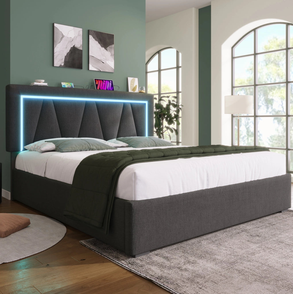 Letto imbottito con LED, USB e vano contenitore