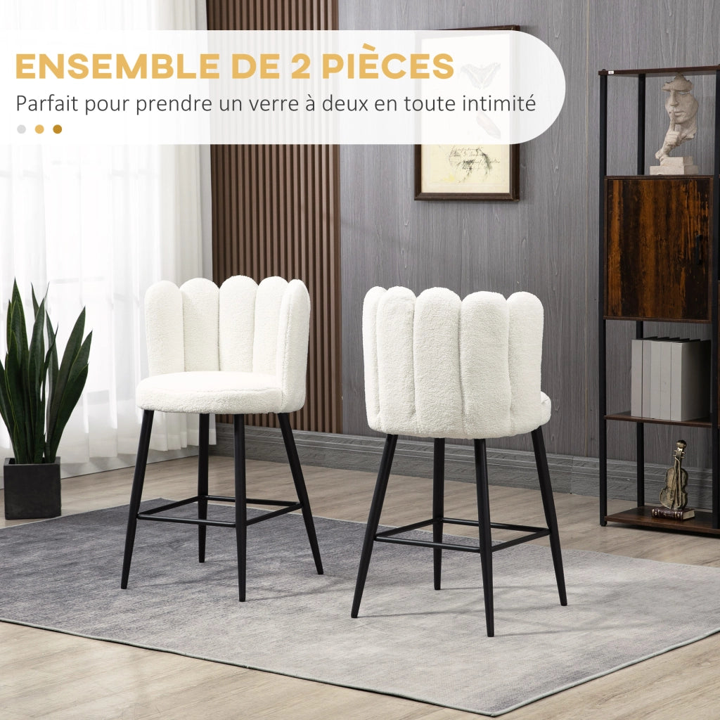 Set 2 Sgabelli Alti da Bar ¨C Xylo ¨C Tessuto Effetto Boucl¨¦ Crema e Struttura Nera 65cm