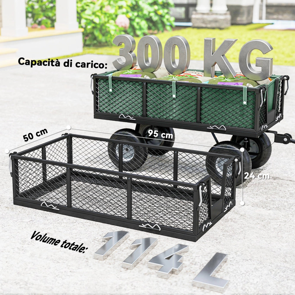 Carrello da Giardino in Acciaio 114L ¨C Xylo ¨C Verde, con Sacca e Pareti Rimovibili 105x51x54cm