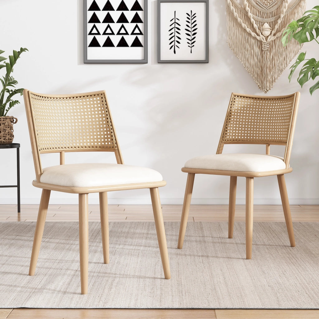 Sedia da Pranzo Set da 2 con Schienale in Rattan, Seduta Imbottita e Struttura in Metallo, Rattan Beige