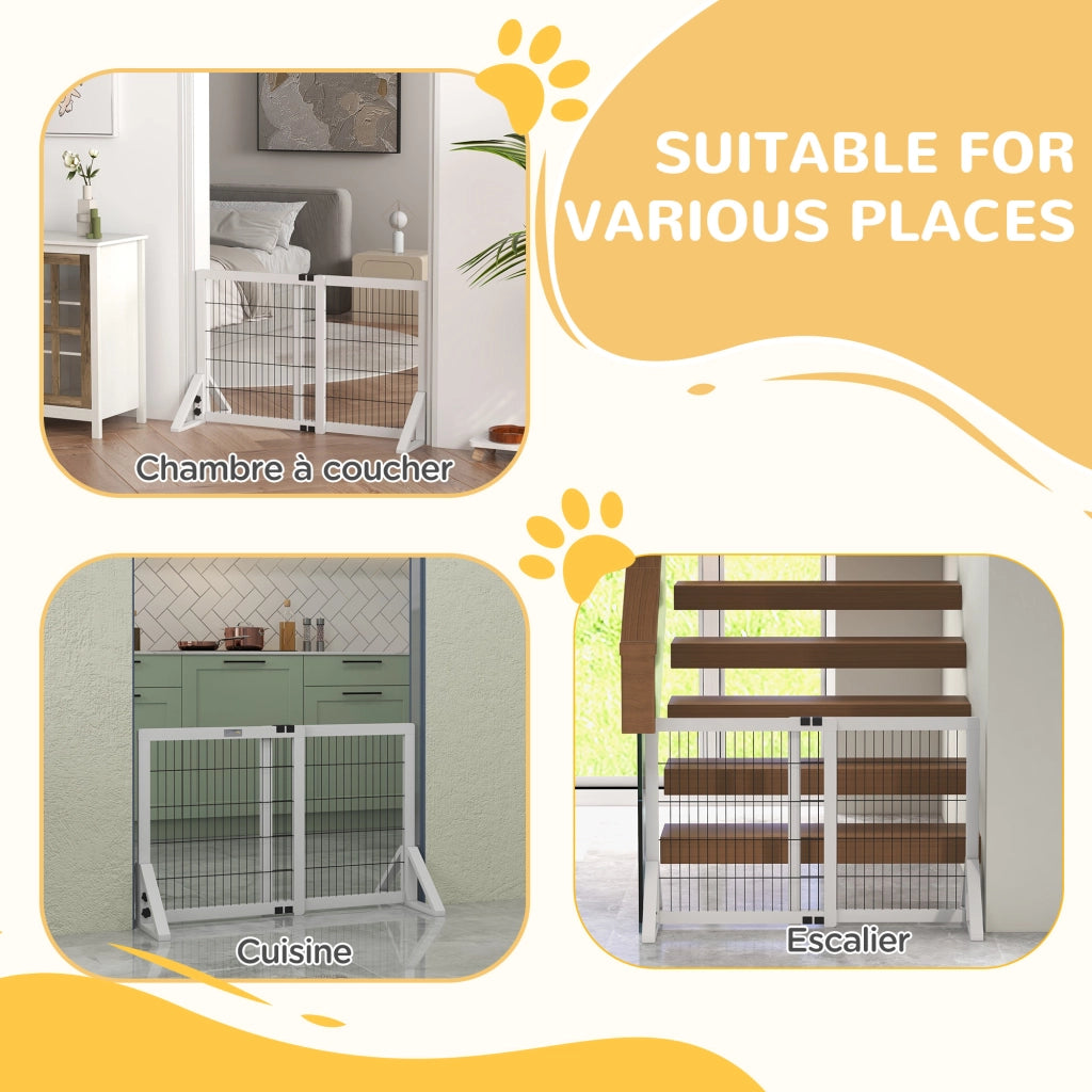 Cancelletto di Sicurezza per Cani ¨C Xylo ¨C 2 Pannelli Regolabile 63-106 cm Legno Acciaio Bianco