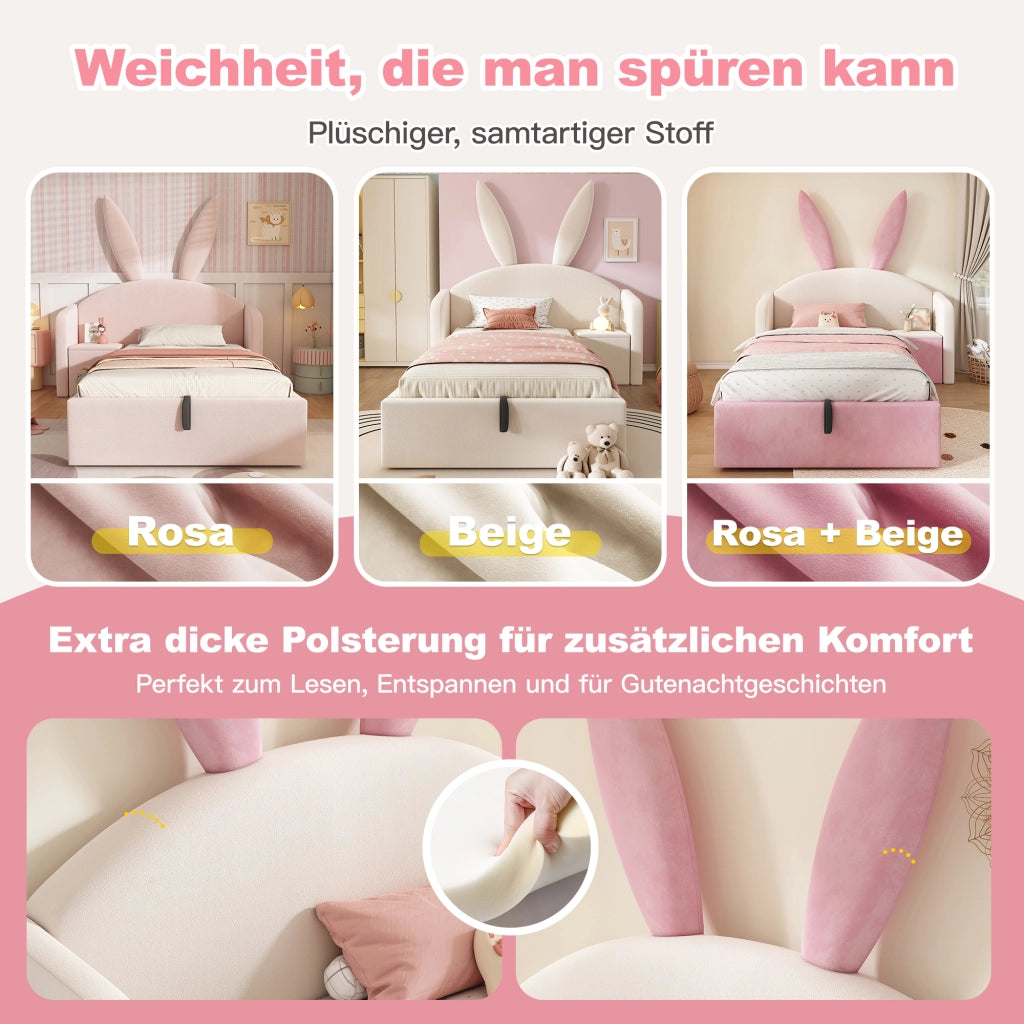 LETTO 90x190 cm in Velluto Beige e Rosa con comodino laterale