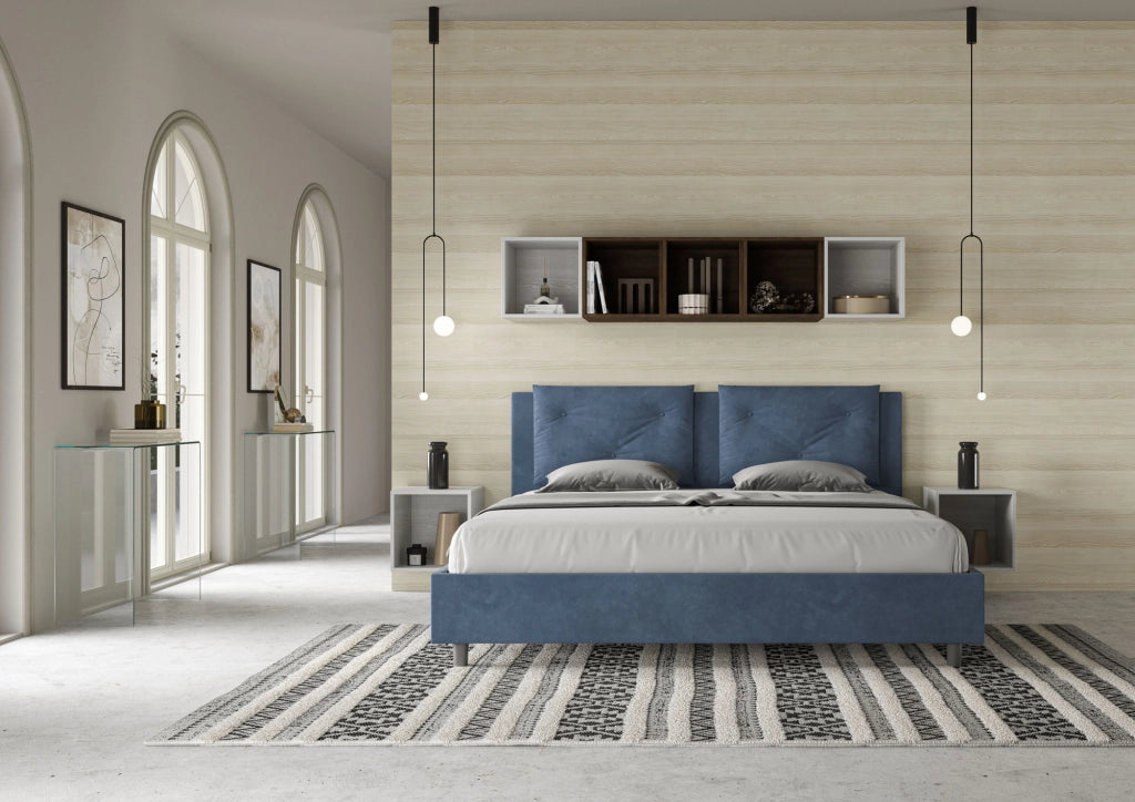 BS COM Letto con rete imbottito 180x210 microfibra blu