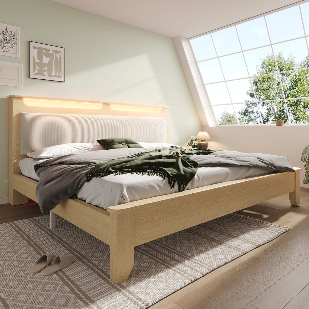 Letto matrimoniale in legno 160x200 cm con testiera portaoggetti; LED e schienale in velluto a coste; rovere chiaro e beige
