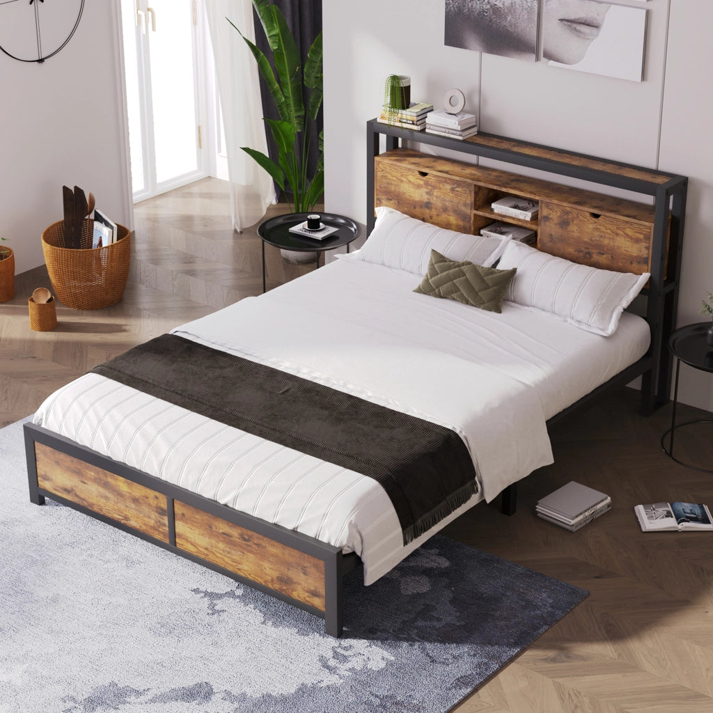DESMIU Letto matrimoniale 140 × 200 cm con testiera portaoggetti, struttura in metallo e legno, senza materasso, naturale
