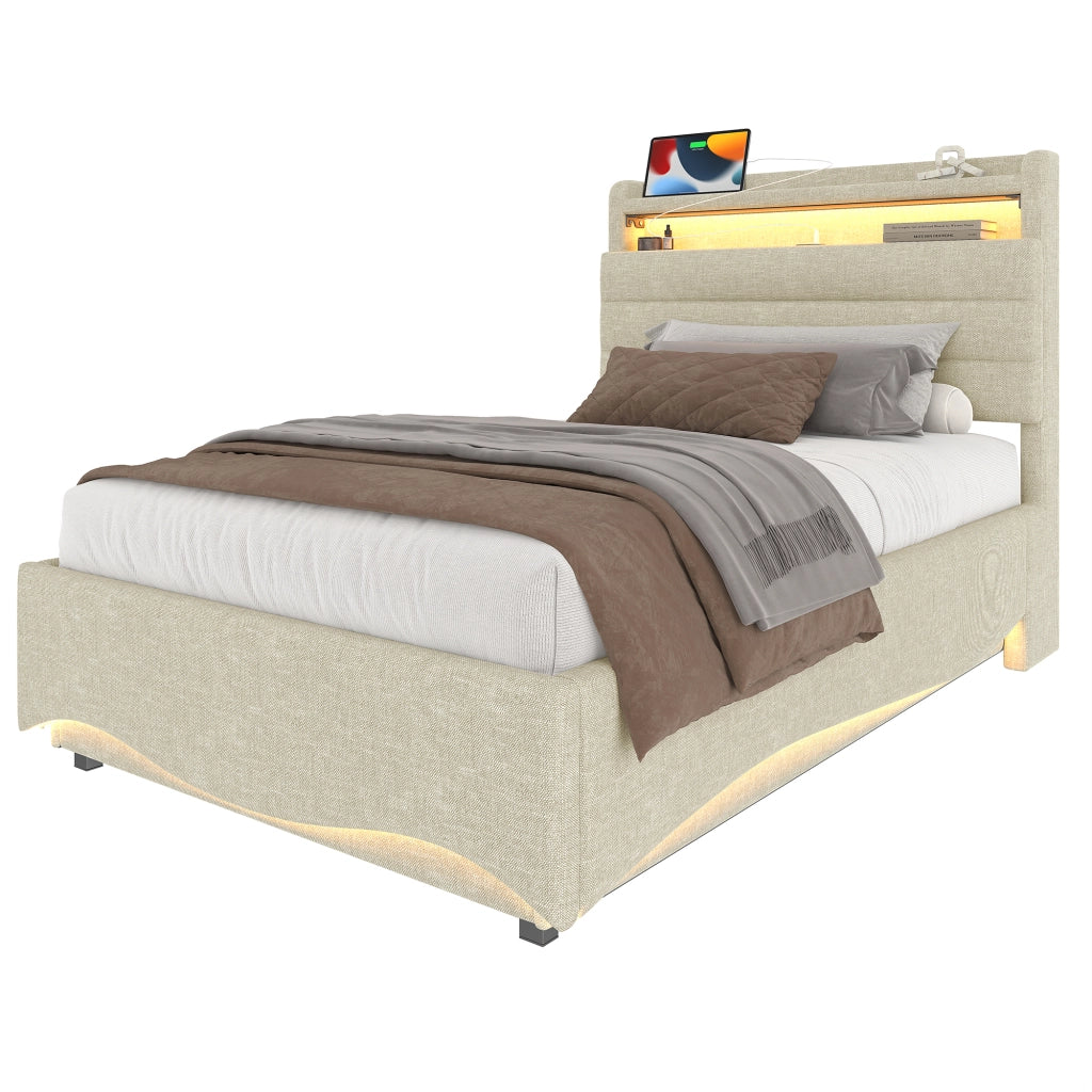 letto imbottito lino beige 90 x 200 cm