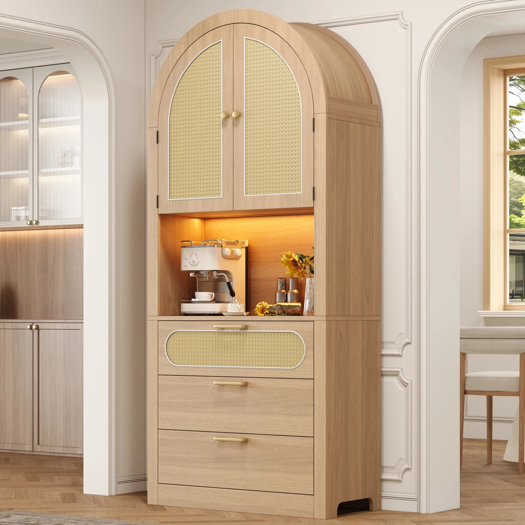 Mobile da cucina, mobile da ingresso, vetrina ad arco, luci a LED, ante in vimini, 3 cassetti, 80 x 35 x 180 cm, color rovere