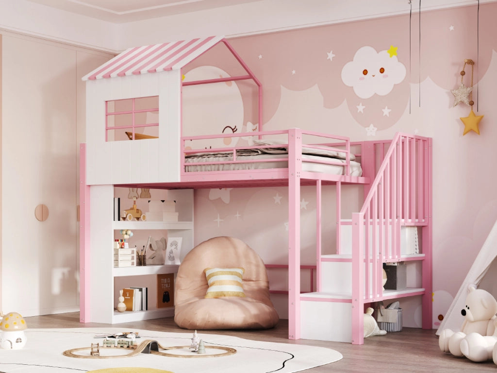 DESMIU Litto mezzanino bambino 90 × 200 cm 1 posto con scala contenitore e scaffali, senza materasso, in metallo, rosa