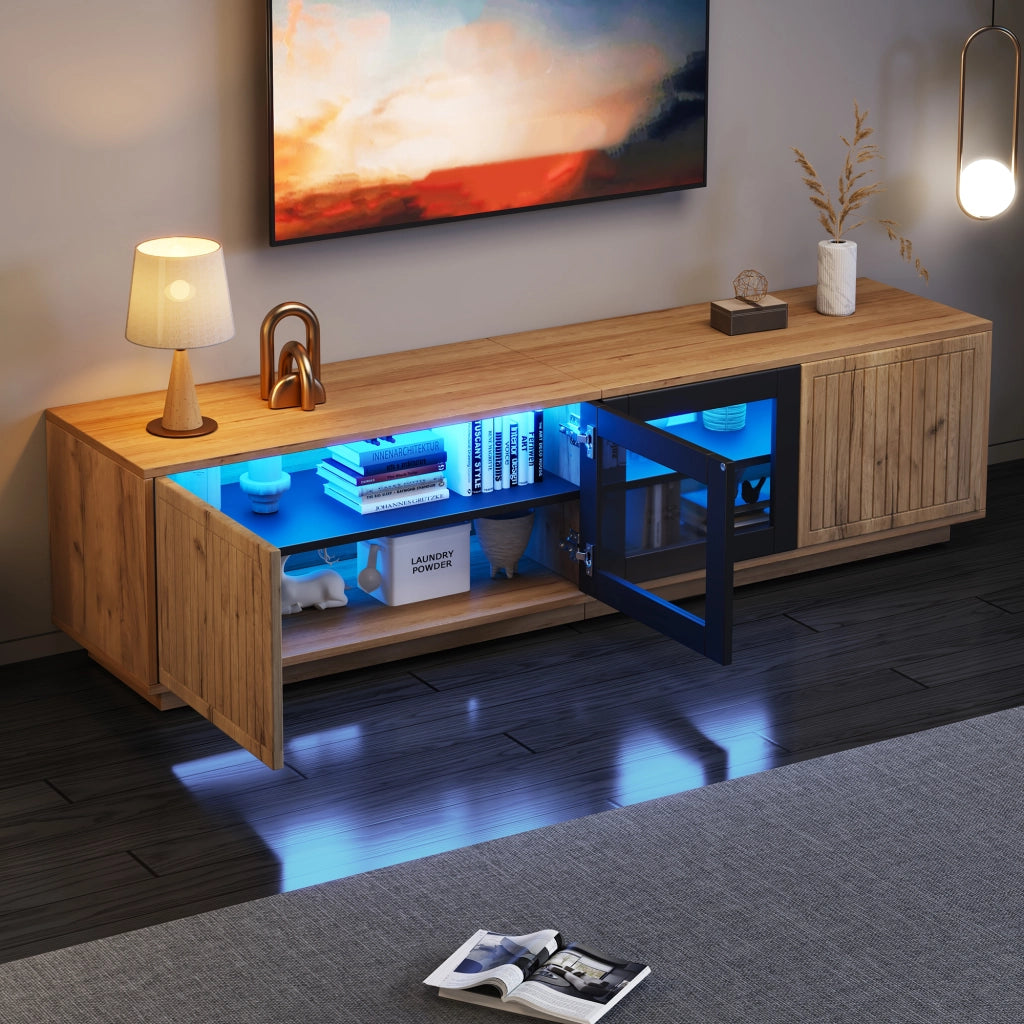 Mobile TV 180 x 40 x 45 cm in pannello truciolare, colore naturale e nero, con ante in vetro temperato e illuminazione LED