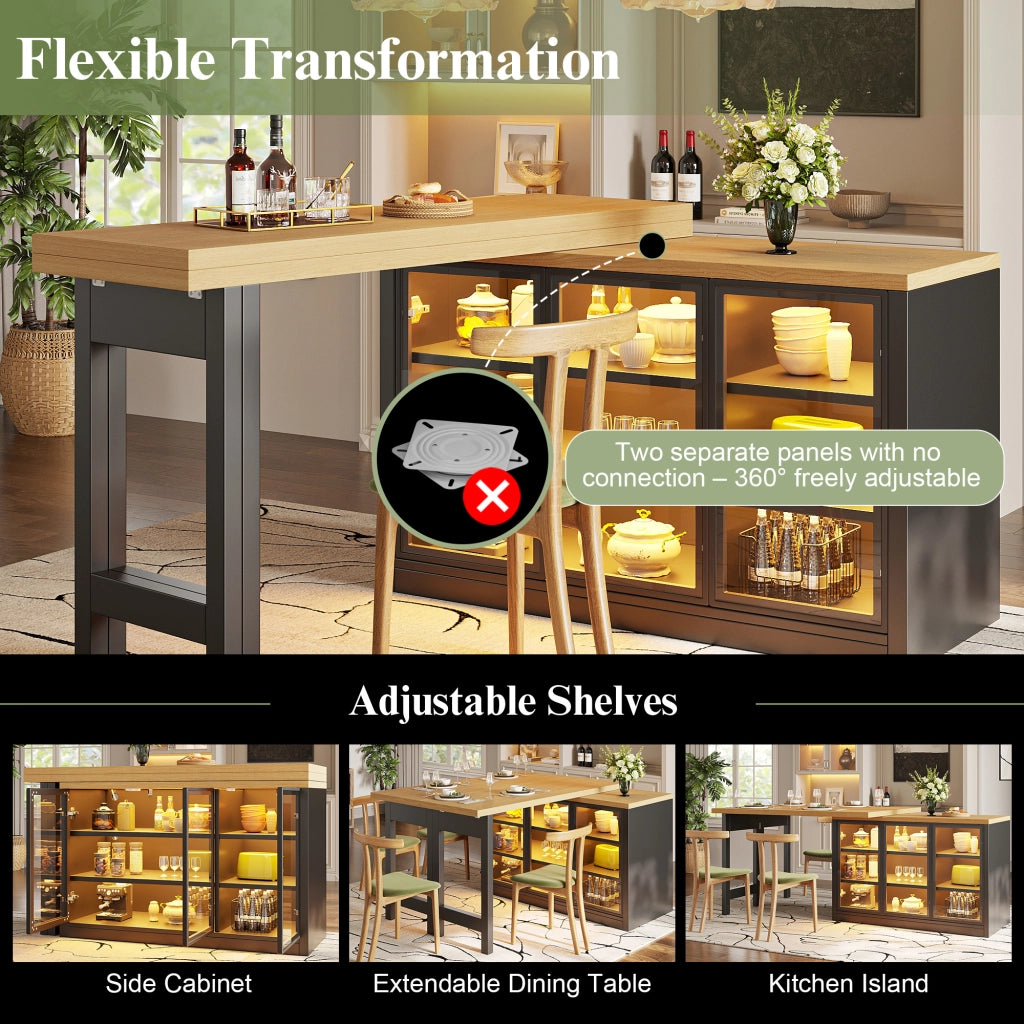 Tavolo allungabile con mobile laterale, LED e piano girevole a 360° per cucina, in MDF e vetro, nero, 120 × 40 × 72 cm