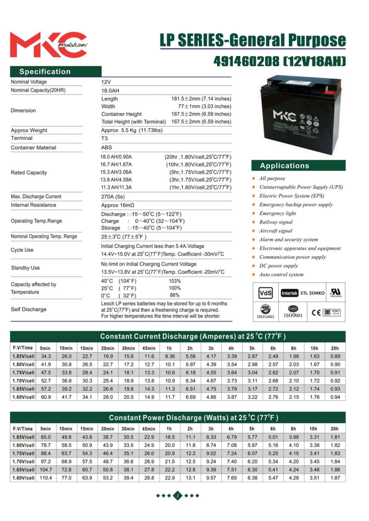 MKC Batteria ermetica VRLA AGM al piombo ricaricabile 12V 18Ah terminale t3 491460208 167.50 X 181.50 X 77 mm luci emergenza segnaletica sicurezza sistemi di allarme UPS guruppi di continuità veicoli per bambini