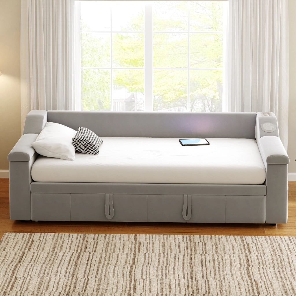 LETTO SOFA 90/190 cm Grigio in velluto con armlehnen Bluetooth, USB e ripiani