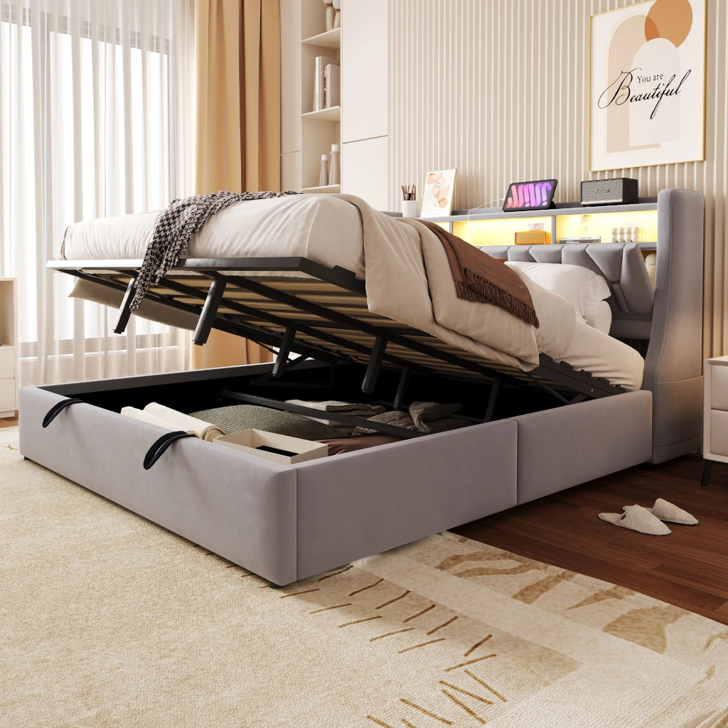 Letto matrimoniale contenitore 180x200 cm con testiera ribaltabile; prese; LED e piedi maggiorati; velluto grigio chiaro
