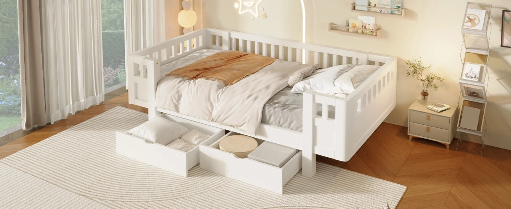 DESMIU Letto per bambini 90 × 200 cm con 2 cassetti e barriera di sicurezza, senza materasso, in legno massello, bianco