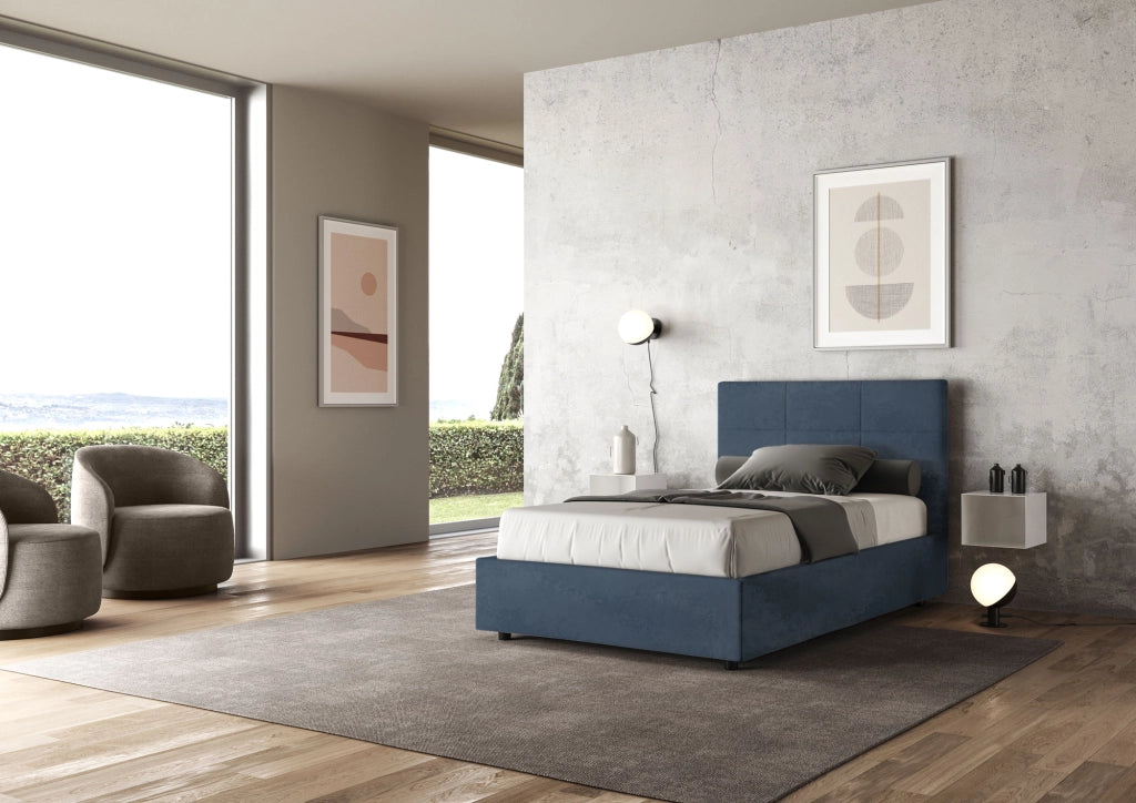 BS COM Letto una piazza e mezza senza rete imbottito 120x200 microfibra blu