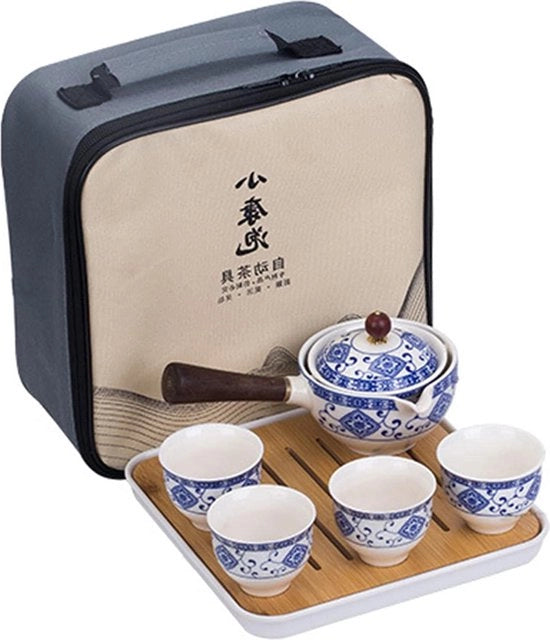 Set di tè portatile - ceramica - adatto ai collezionisti di tè - 6 pezzi - blu e bianco - manufatto artigianale