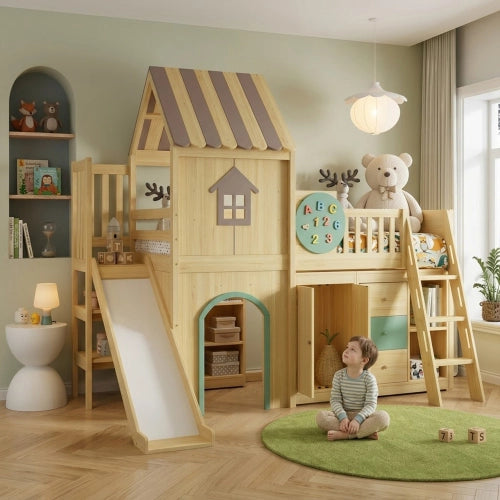 Letto a soppalco con scivolo 90x200 cm LEMONMAX per bambini, a forma di casetta, armadio, cassettiera, scala a 3 gradini, pino e MDF, verde e naturale