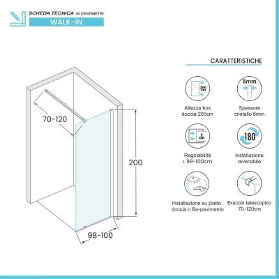 Doccia Walk-In 100 cm trasparente 8 mm profilo cromo H 200 cm  Tay