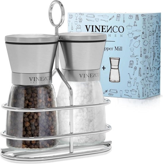 Set di Molini da Sale e Pepe - Lavorazione Ceramica - Regolabile - 2 pezzi - Acciaio Inox e Vetro