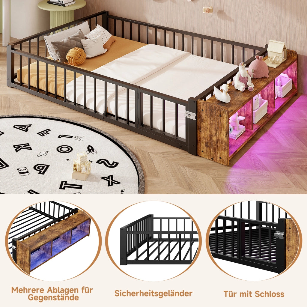 DESMIU Letto con barriera 2 posti, vano a giorno e LED, 140 × 200 cm, senza materasso, metallo e MDF nero