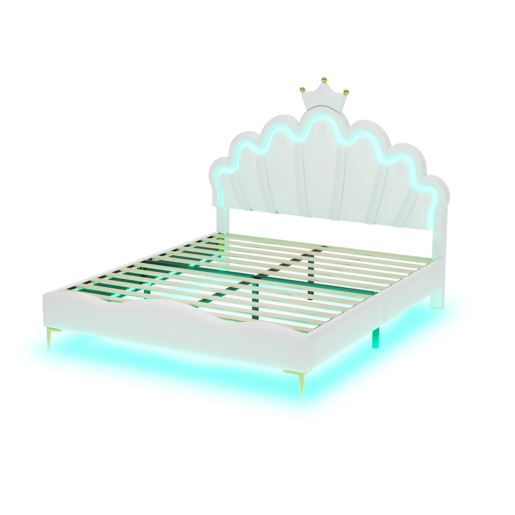 OKWISH Letto Matrimoniale 140×200 cm con LED Regolabile e Testiera Corona, Altezza Regolabile, senza Materasso, in PU, Bianco