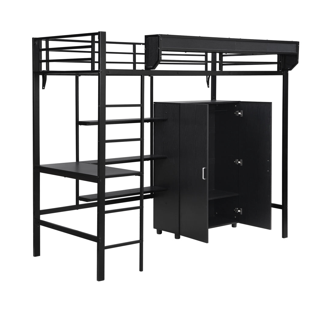 Letto a castello in metallo e legno nero 90x200 cm con tavolo, armadio e scala a 5 gradini