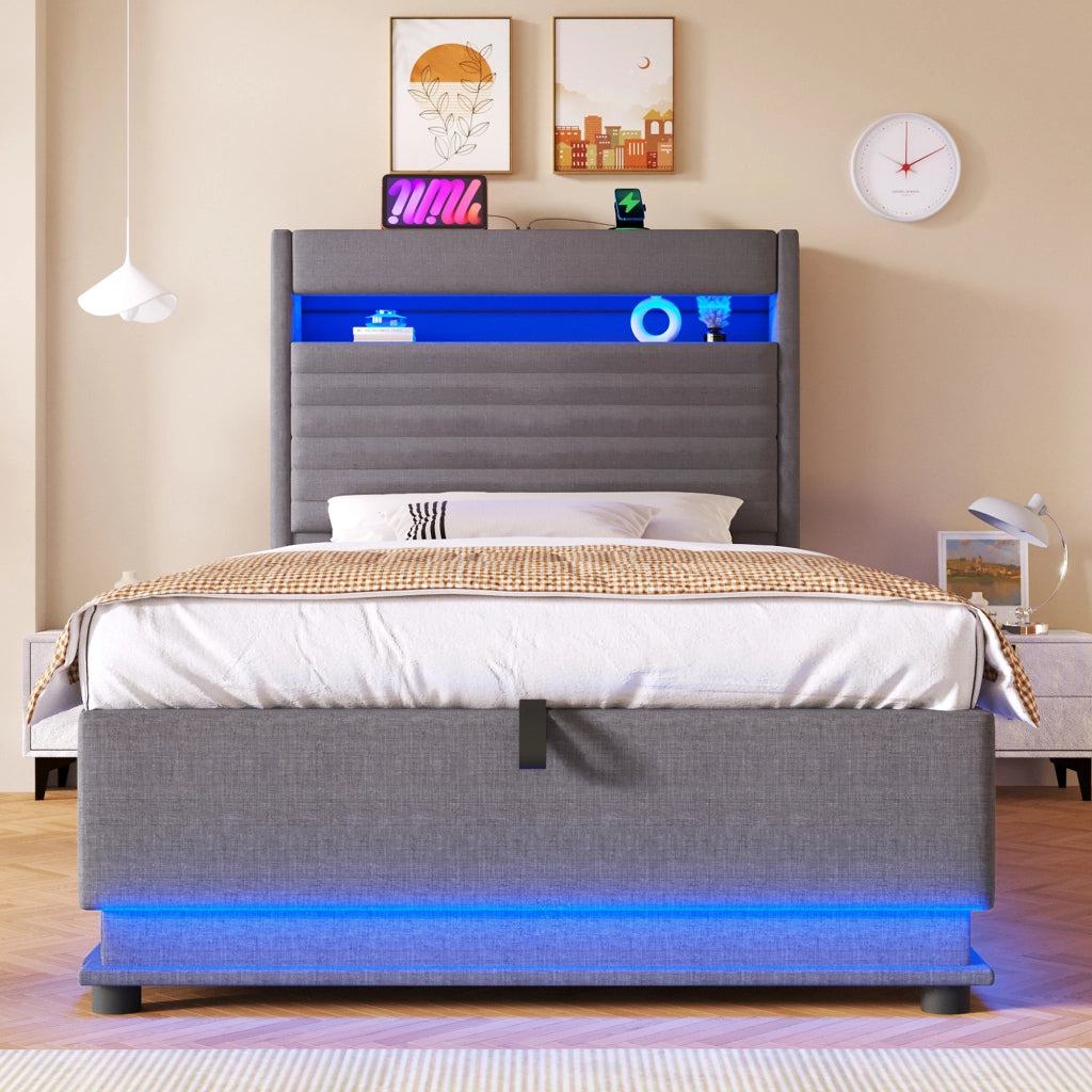 LETTO contenitore 90x200 cm in lino grigio con LED e USB Type-C