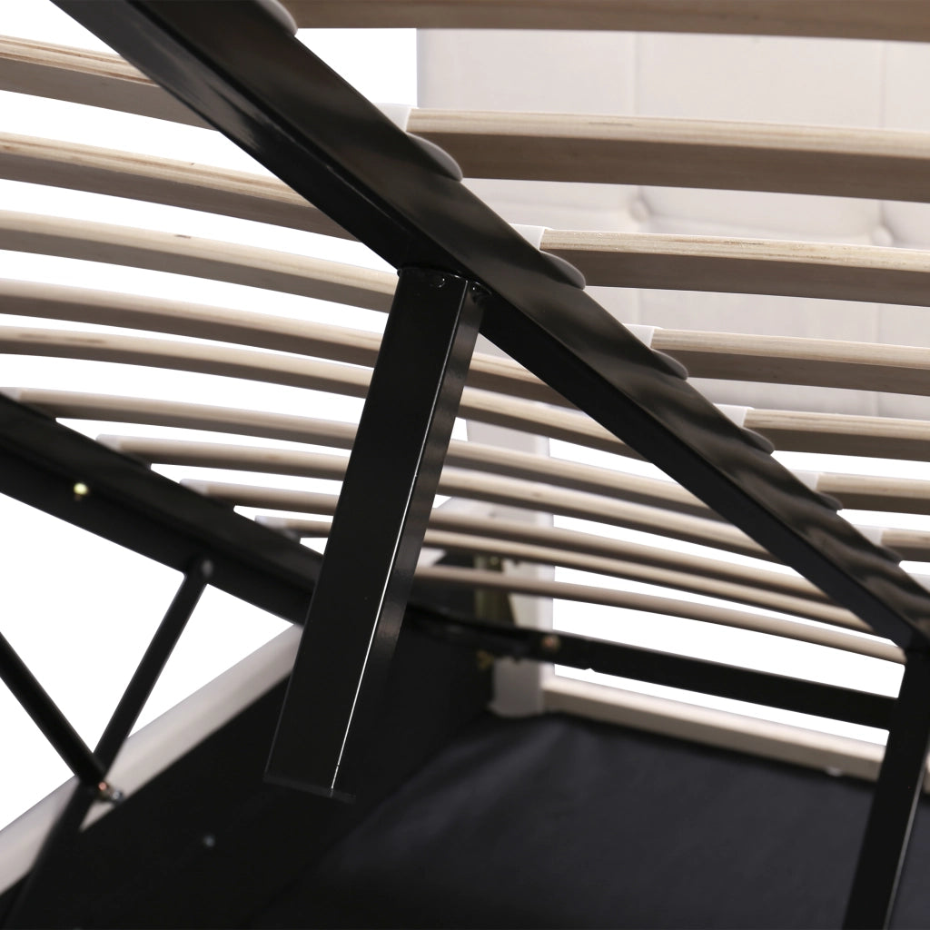 Letto imbottito matrimoniale 140×200 cm con contenitore e rete sollevabile; testiera imbottita; senza materasso; bianco crema