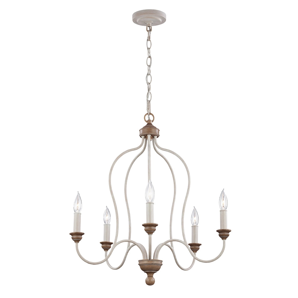Lampadario Classico Hartsville Acciaio Gesso Slavato Legno Marrone 5 Luci E14