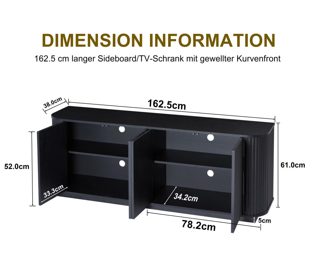 Credenza moderna con motivo ondulato; 4 ante; 162;5x38x61 cm; MDF nero