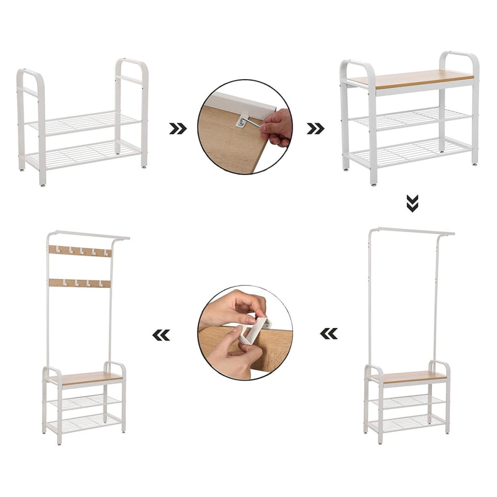 Appendiabiti con Panca e Scarpiera in Metallo Bianco e Legno