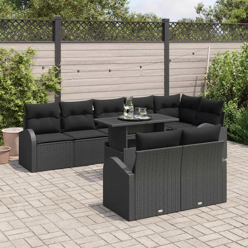 Set Divano da Giardino con cuscino 9 pcs Nero Poly Rattan